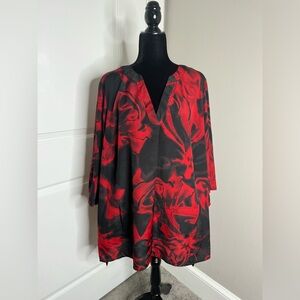 Avenue 22/24 Black Red Roll Tab Sleeve Blouse